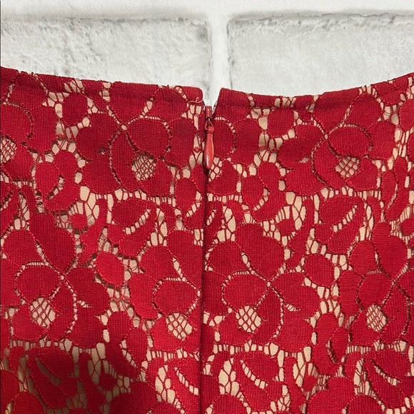 Adrianna Papell Midi Dress Lace Overlay Ruby Red Flare Holiday Event Size 8 - Picture 7 of 8